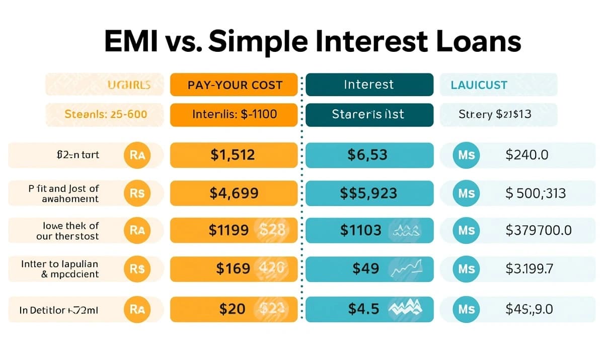Detailed comparison chart showing EMI vs Simple Interest loans with visual calculations and financial benefits analysis