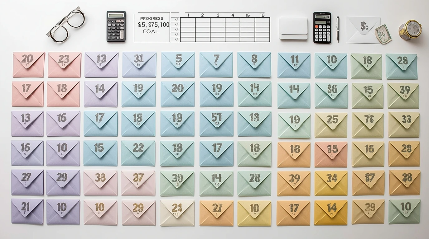 100 envelope challenge setup showing numbered envelopes from 1 to 100 arranged in rows with progress tracker