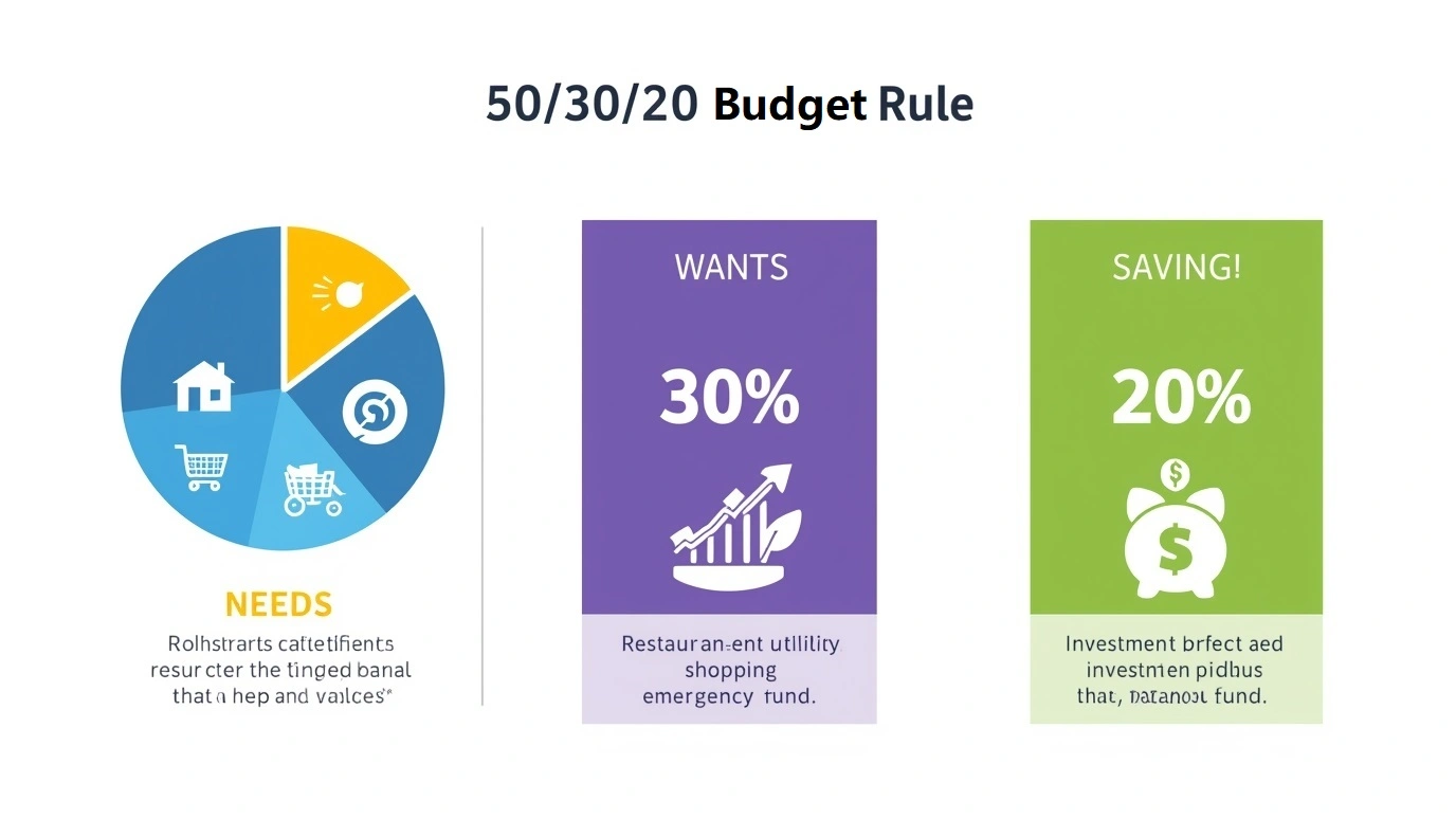 50/30/20 budget rule infographic - How to divide your income into needs, wants, and savings