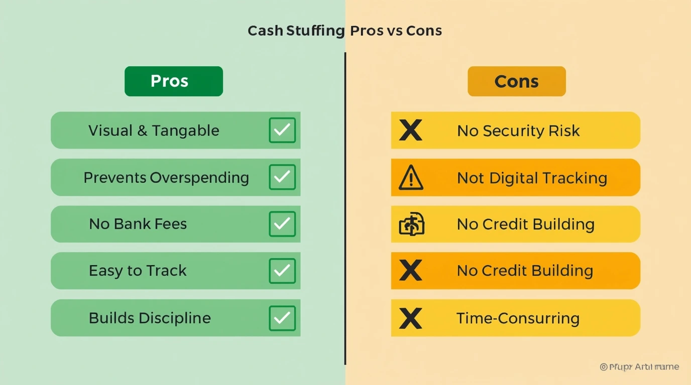 Visual comparison chart showing pros and cons of cash stuffing method with icons and bullet points