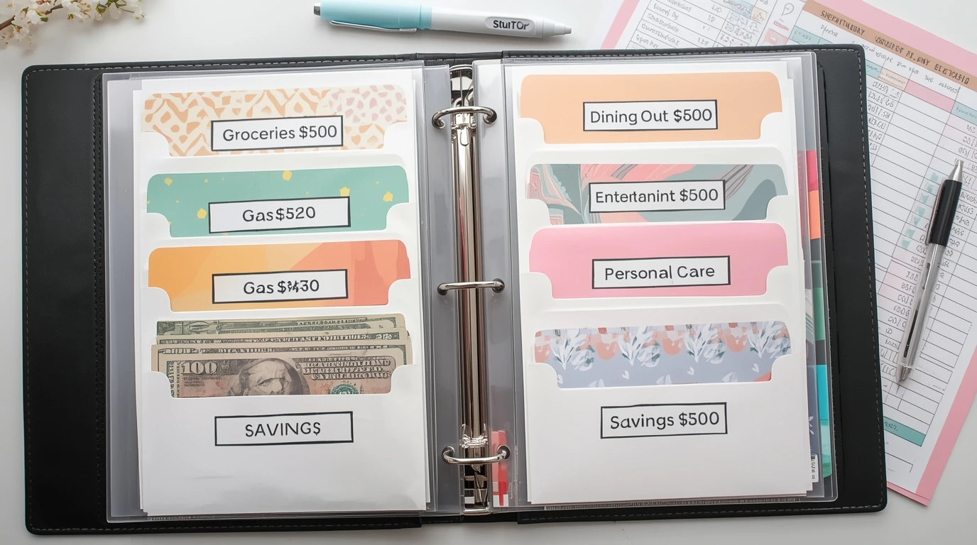 Complete cash stuffing setup with labeled envelopes for groceries, gas, dining out, entertainment, and savings in a budget binder